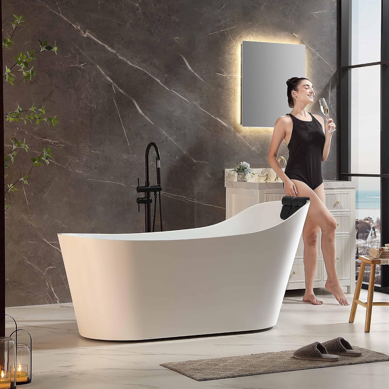 Empava Upgrade Acrylic Whirlpool Bathtub, 67-Inch Freestanding Gracefully Oval Shaped Jetted Bathtub with Healing Chromotherapy, 16 Hydromassage Jets, Single-Ended Bathtubs with Pillow