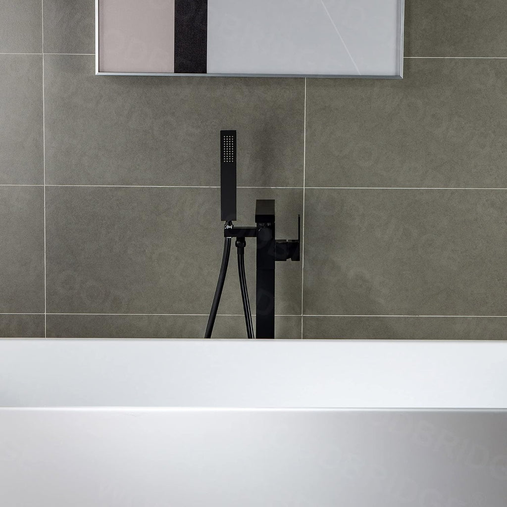WOODBRIDGE F0009BL Contemporary Single Handle Floor Mount Freestanding Tub Filler Faucet with Hand shower in Matte Black Finish