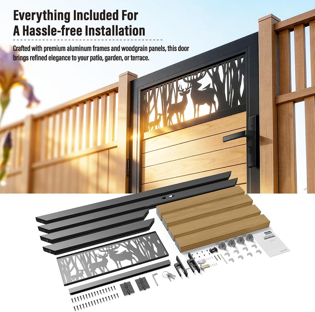 3x6 FT Aluminum Fence Gate Kit Wood Grain Aluminum Gate with Decorative Cutout, Lock & Hinges, Left/Right Opening, Weather Resistant for Yard Garden Patio