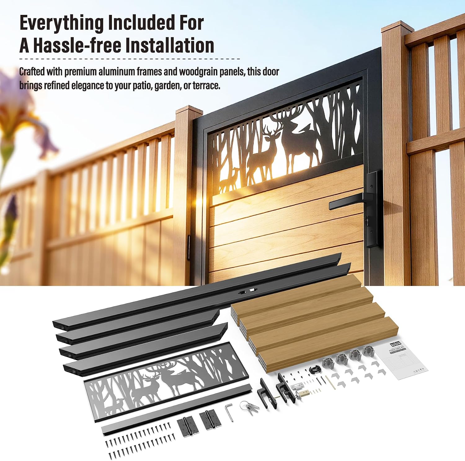3x6 FT Aluminum Fence Gate Kit Wood Grain Aluminum Gate with Decorative Cutout, Lock & Hinges, Left/Right Opening, Weather Resistant for Yard Garden Patio
