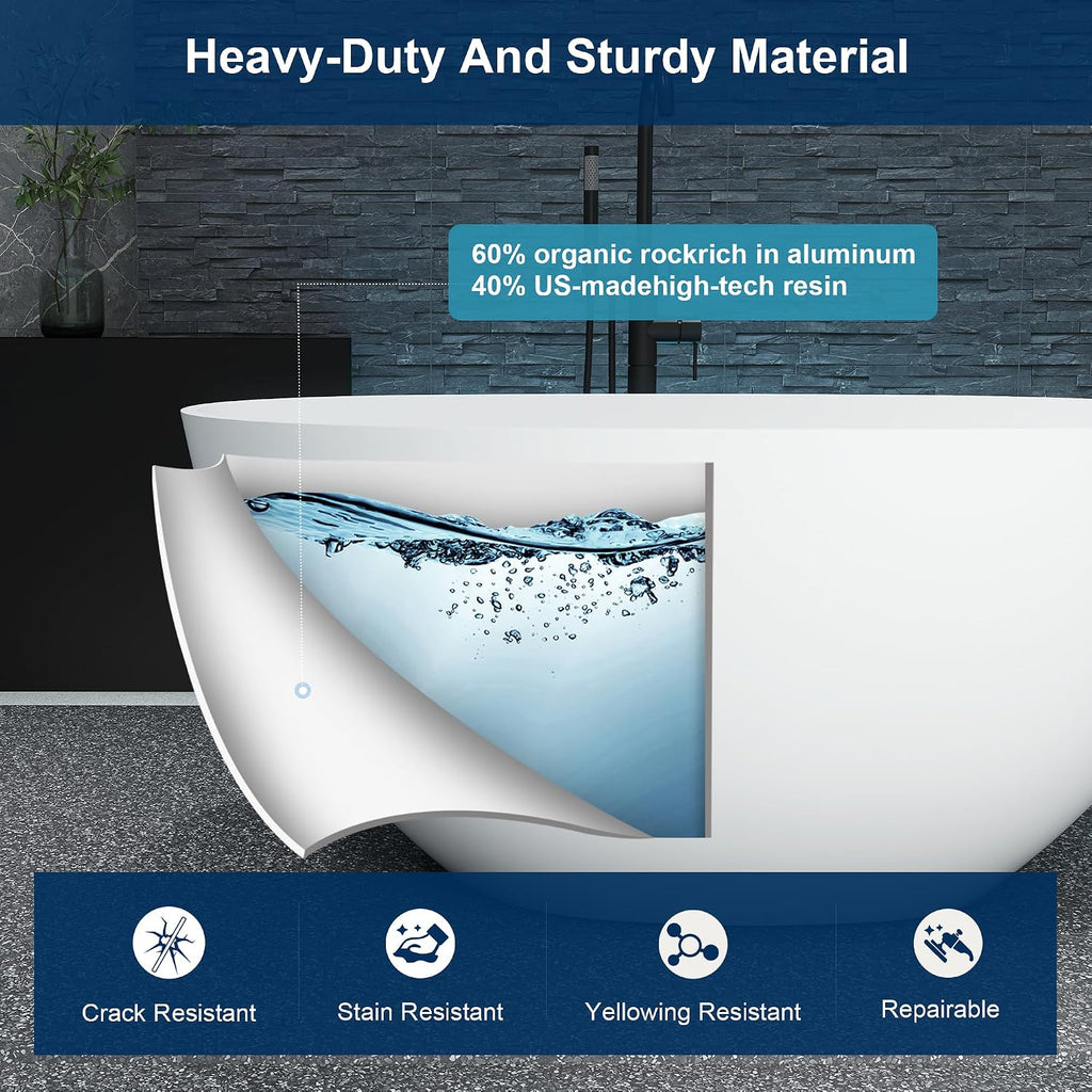 51' Stone Resin Freestanding Bathtub, Modern Oval Solid Surface Soaking Tub, Solid Surface Stand Alone Bathtub with Drain & Integrated Slotted Overflow Matte White AM303-1300