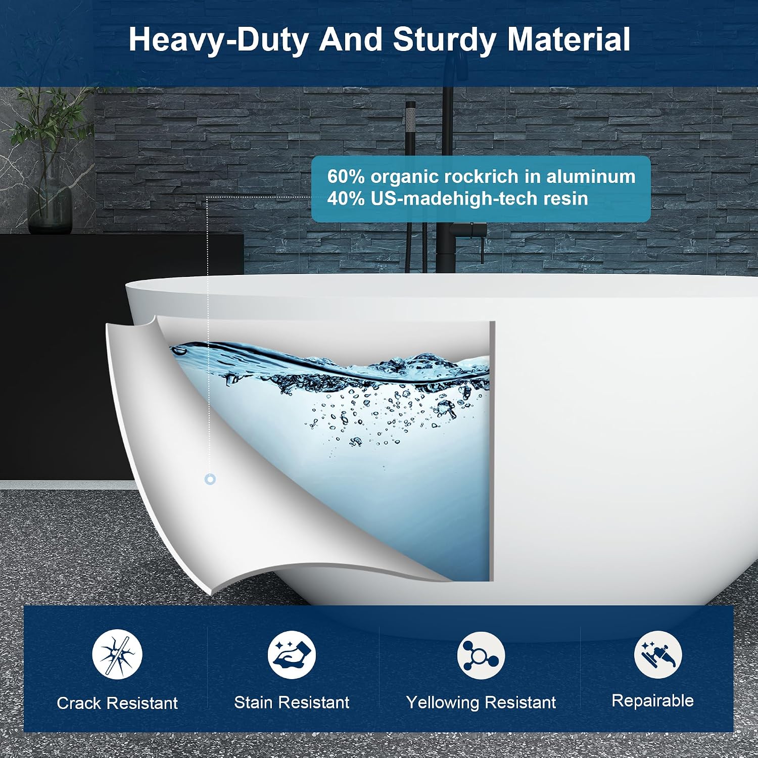 51' Stone Resin Freestanding Bathtub, Modern Oval Solid Surface Soaking Tub, Solid Surface Stand Alone Bathtub with Drain & Integrated Slotted Overflow Matte White AM303-1300
