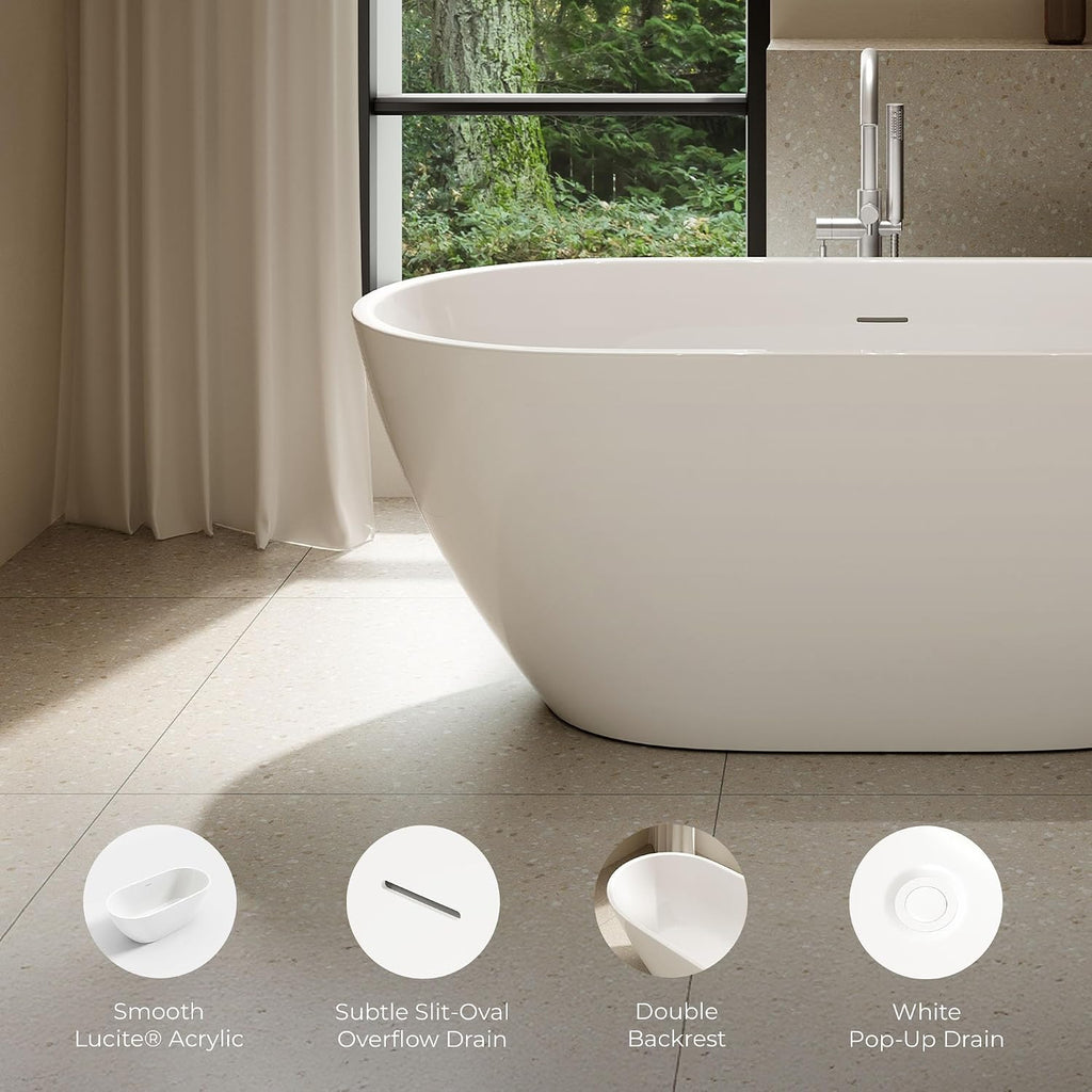 OVE Decors Ayago 59 in. Solid Surface Freestanding White Acrylic Soaking Bathtub, with Overflow and White Pop-up Drain