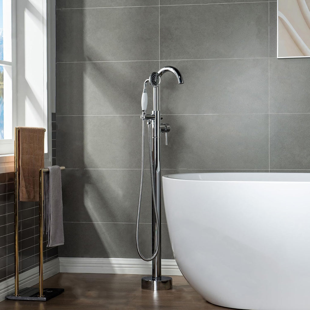 WOODBRIDGE F0002CHVT Fusion Single Handle Floor Mount Freestanding Tub Filler Faucet with Telephone Hand shower in Polished Chrome Finish