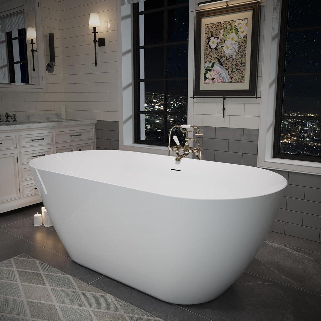ABRUZZO 55' Acrylic Freestanding Bathtub - Oval Deep Soak Tub, Center Drain & Overflow, cUPC Certified Glossy White