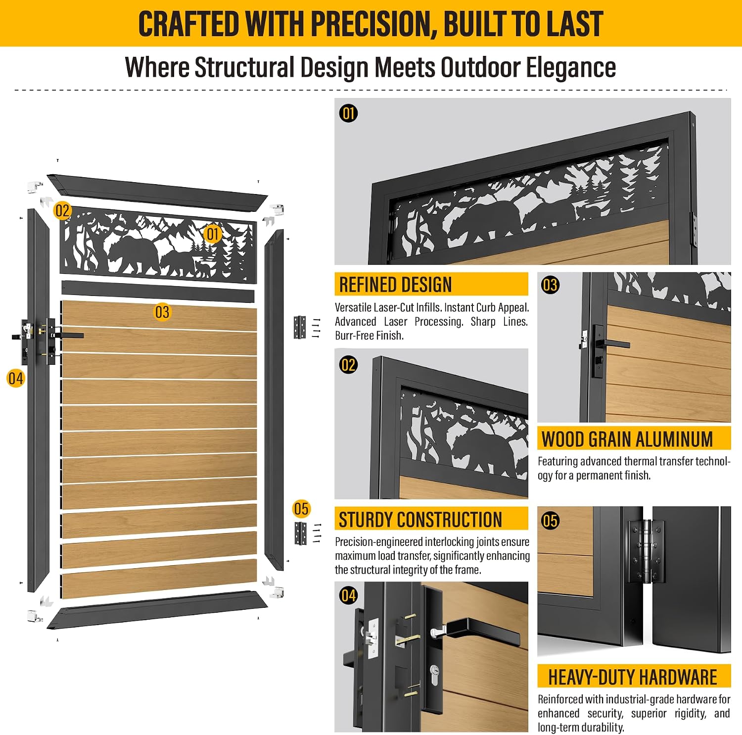 4x5 FT Aluminum Fence Gate Kit Wood Grain Aluminum Gate with Decorative Cutout, Lock & Hinges, Left/Right Opening, Weather Resistant for Yard Garden Patio