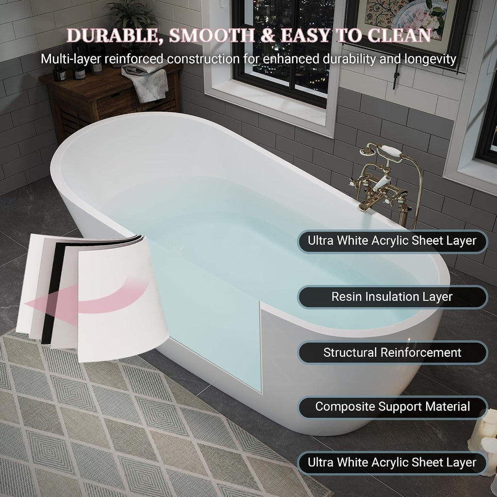 55' Acrylic Freestanding Bathtub, Deep Soaking Bathtub with Pop up Drain Integrated Overflow, Stand Alone Bath Tub for Bathroom Spa or Home Upgrade, Glossy White GF 26A04 55