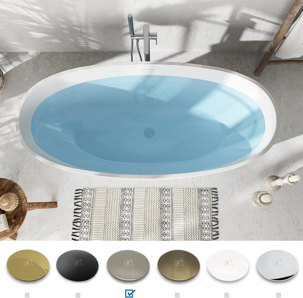 FerdY Tahiti 67' Freestanding Bathtub Elegant Oval Shape, Double Walled Insulation bathtub with Center Brushed Nickel Drain& Bath Pillow for Bathtub,Thick Tub Pillows, Breathable 4D Air Mesh