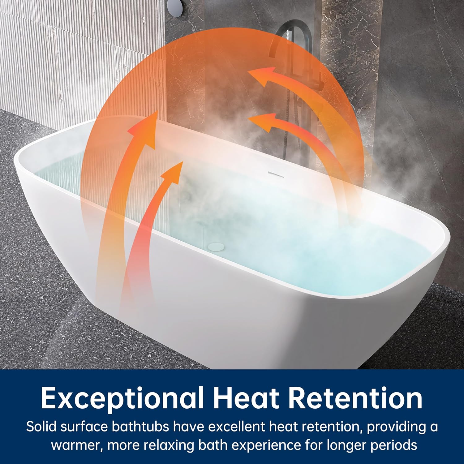 59'' Freestanding Bathtub Resin Stone Deep Soaking Tubs Solid Surface Matte Tub with Overflow and Pop-up Drain