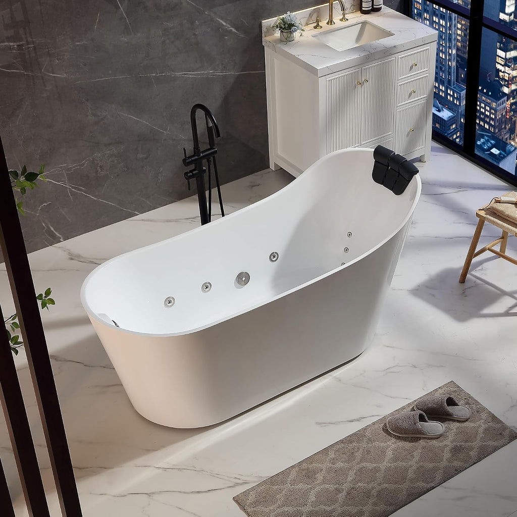 Empava Upgrade Acrylic Whirlpool Bathtub, 67-Inch Freestanding Gracefully Oval Shaped Jetted Bathtub with Healing Chromotherapy, 16 Hydromassage Jets, Single-Ended Bathtubs with Pillow