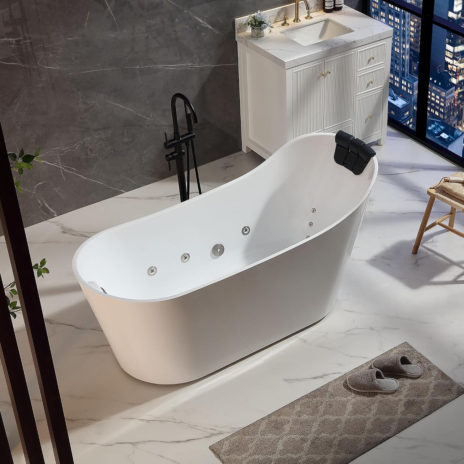 Empava Upgrade Acrylic Whirlpool Bathtub, 67-Inch Freestanding Gracefully Oval Shaped Jetted Bathtub with Healing Chromotherapy, 16 Hydromassage Jets, Single-Ended Bathtubs with Pillow