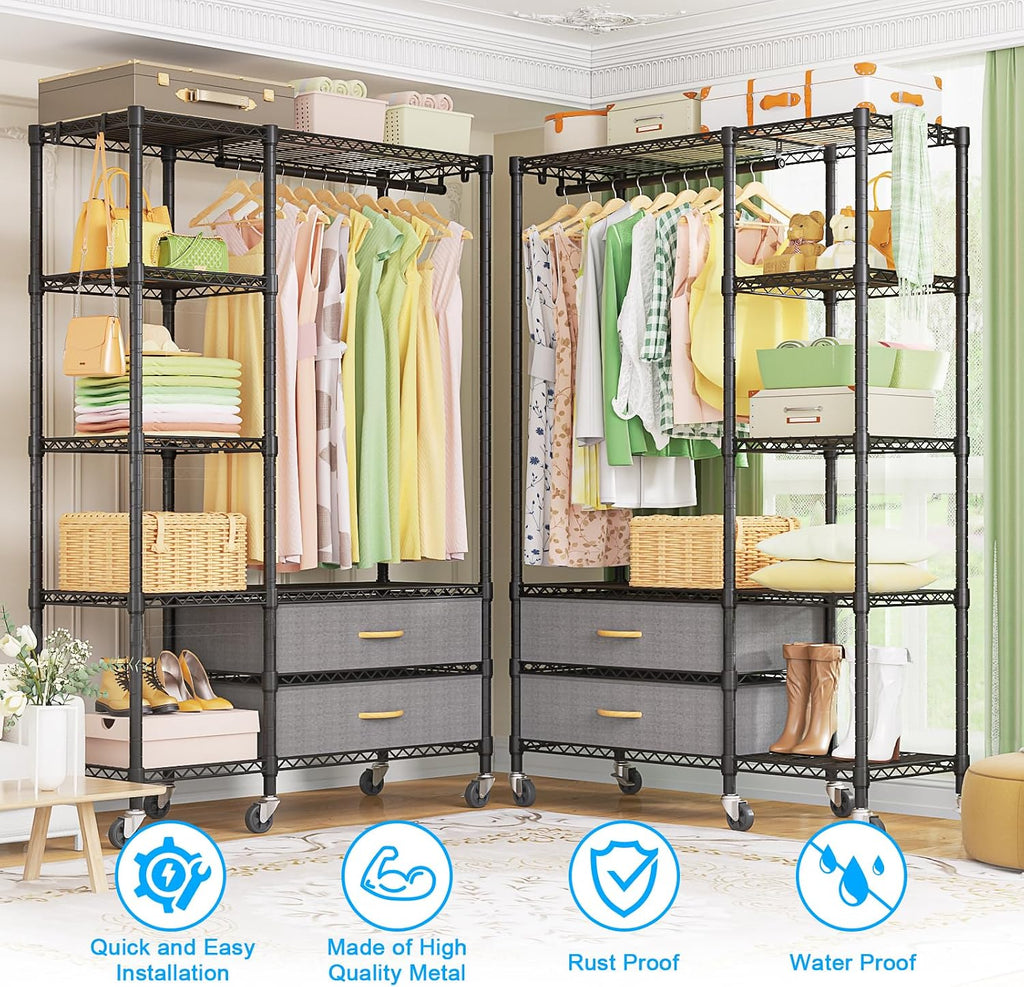 Ulif F3R Heavy Duty Clothes Rack（With Lockable Wheels）Freestanding Clothing Racks for Hanging Clothes，Adjustable Closet Organizer System，Portable Garment Rack 40'W x 15'D x 74'H，Max Load 700LBS，Black