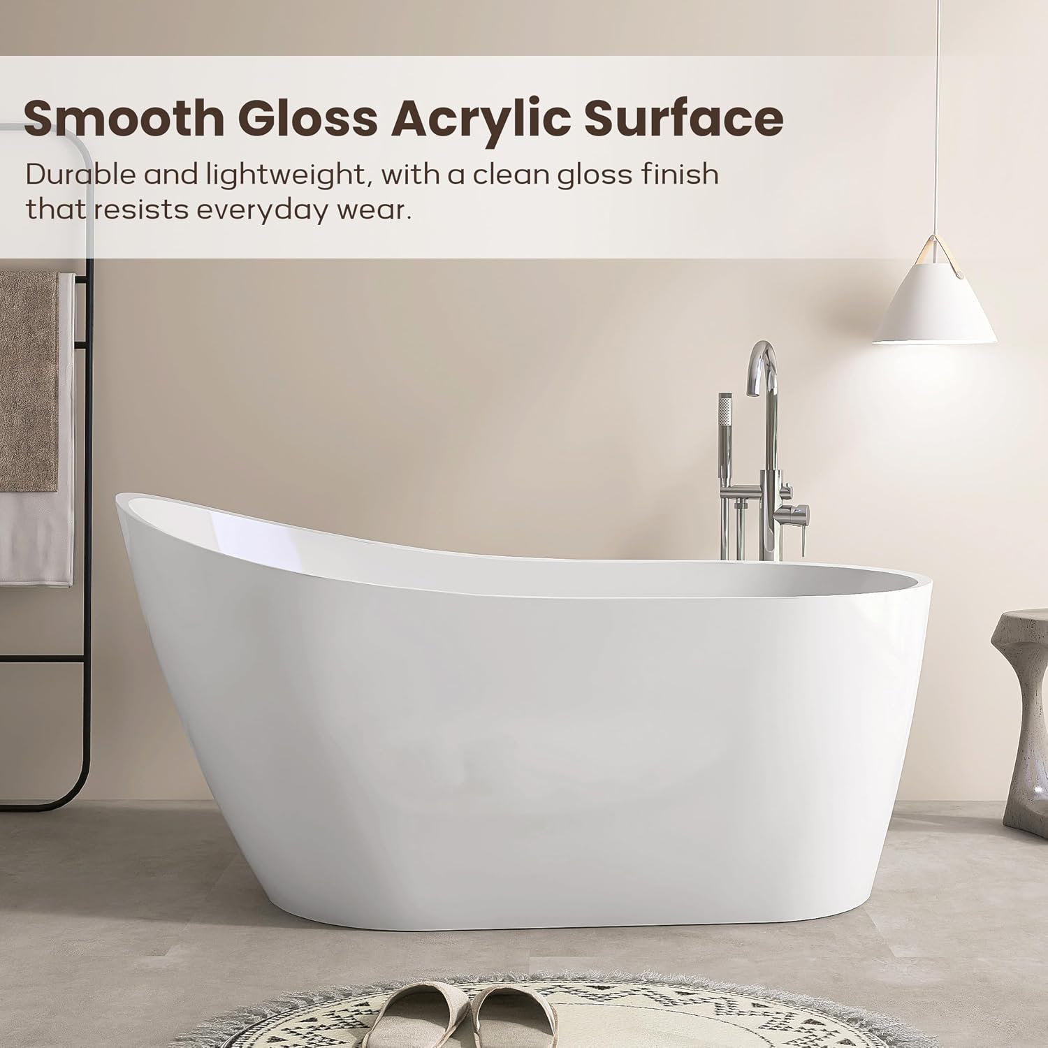 SJ STAR&JANE 59' Acrylic Freestanding Bathtub, Modern Acrylic Soaking Bathtub,Stand Alone Tub with Drain and Overflow, cUPC Certified, White