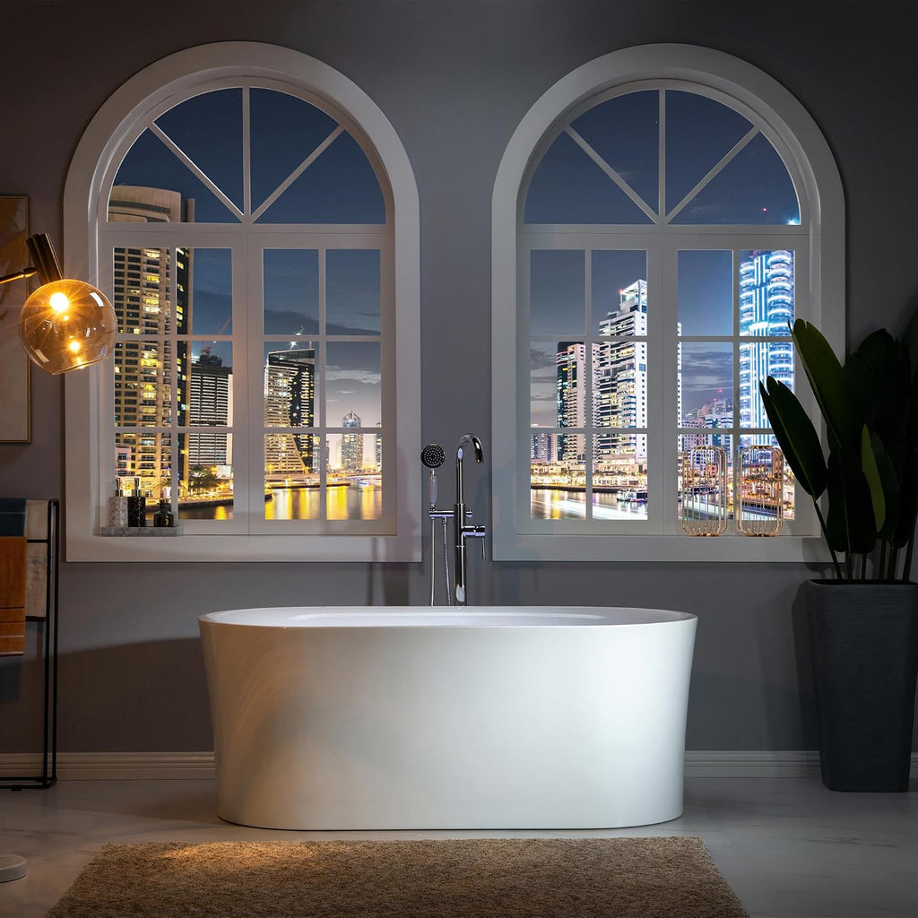 WOODBRIDGE 59' Acrylic Freestanding Bathtub Contemporary Soaking Tub with Brushed Nickel Overflow and Drain,White Tub,B0058-BN