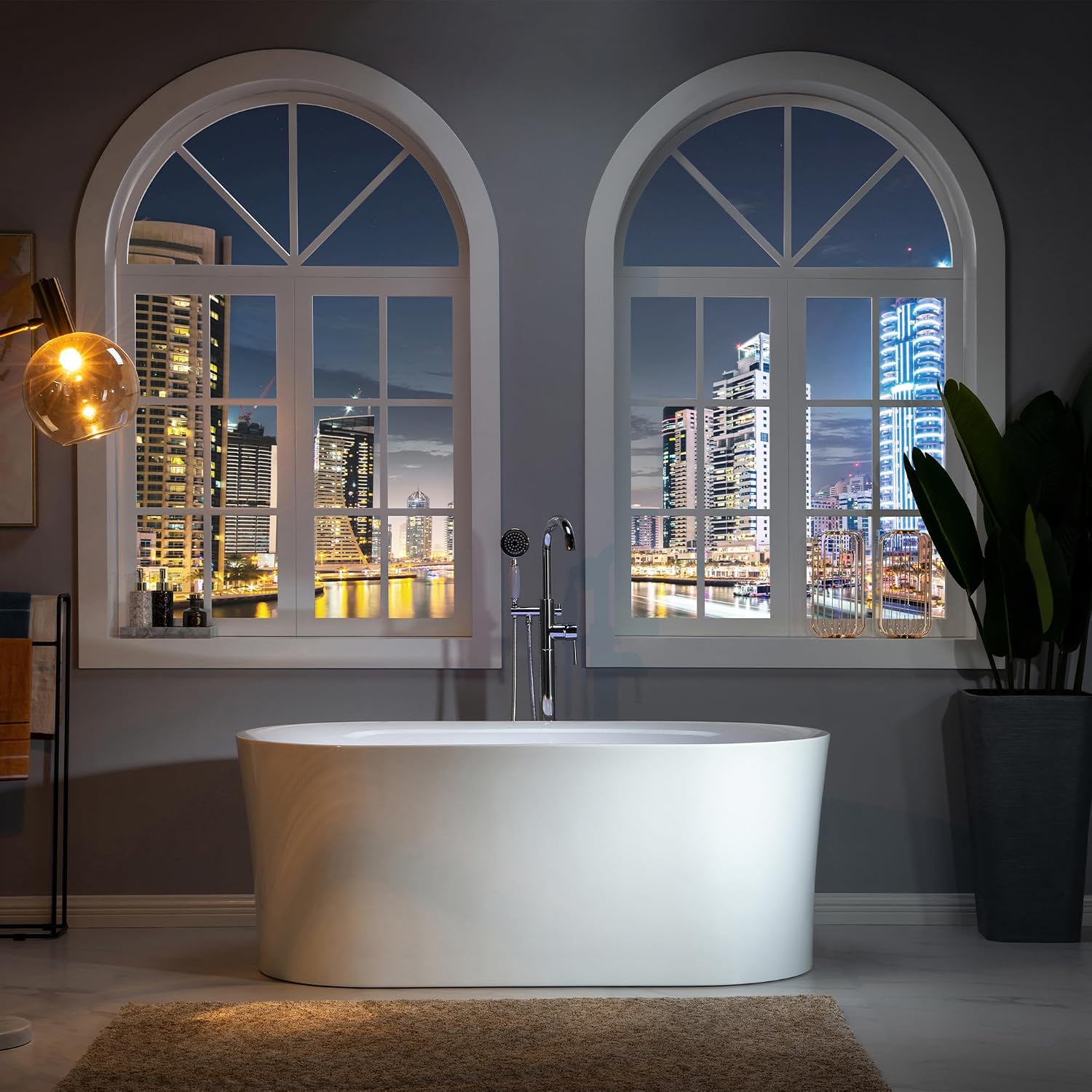 WOODBRIDGE 59' Acrylic Freestanding Bathtub Contemporary Soaking Tub with Brushed Nickel Overflow and Drain,White Tub,B0058-BN