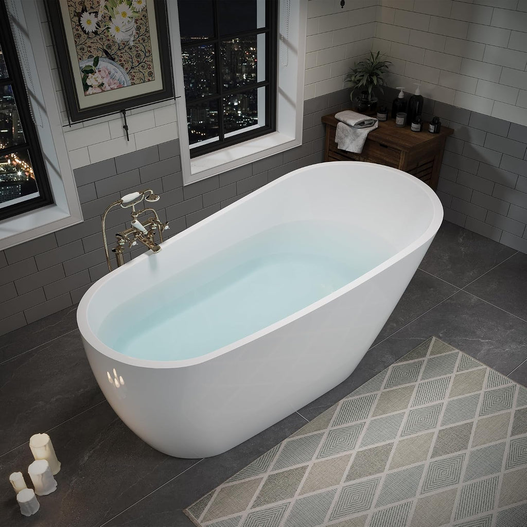 63' Acrylic Freestanding Bathtub, Deep Soaking Bathtub with Pop up Drain Integrated Overflow, Stand Alone Bath Tub for Bathroom Spa or Home Upgrade, Glossy White TH 26A04 63