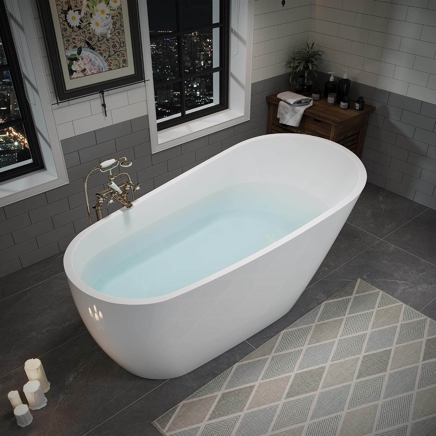 63' Acrylic Freestanding Bathtub, Deep Soaking Bathtub with Pop up Drain Integrated Overflow, Stand Alone Bath Tub for Bathroom Spa or Home Upgrade, Glossy White TH 26A04 63
