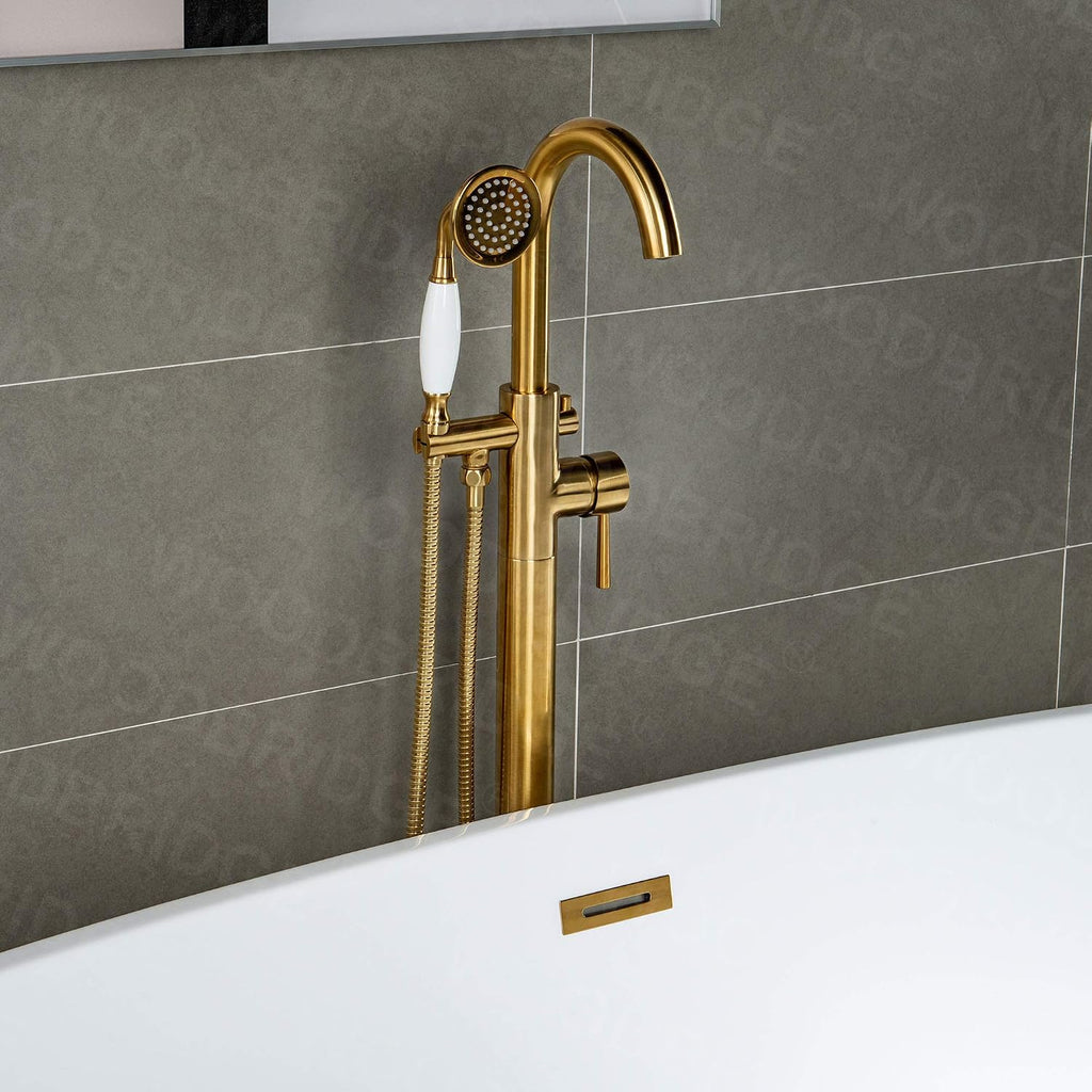 WOODBRIDGE Contemporary Single Handle Floor Mount Freestanding Tub Filler Faucet with Hand Shower in (Brushed Gold) Finish,F0007-BGVT