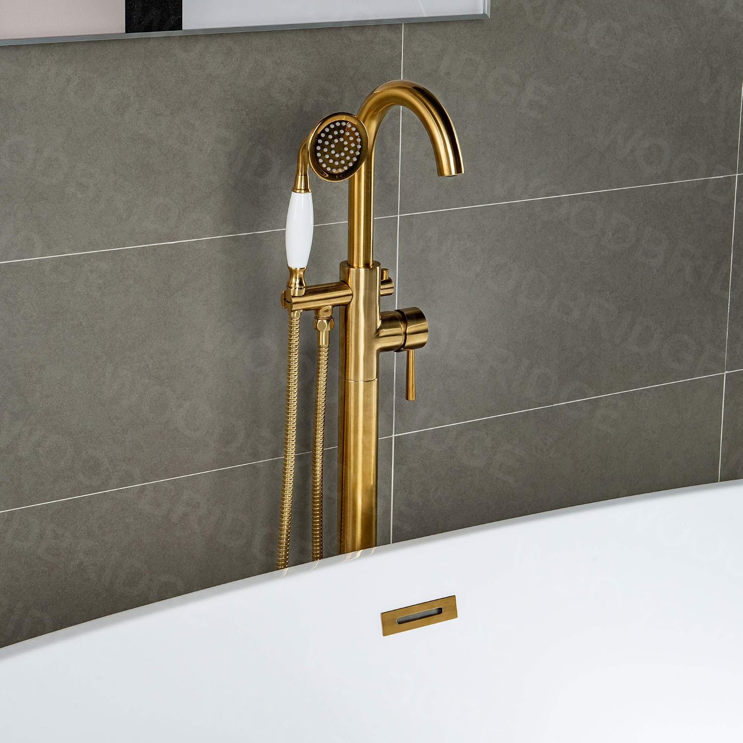 WOODBRIDGE Contemporary Single Handle Floor Mount Freestanding Tub Filler Faucet with Hand Shower in (Brushed Gold) Finish,F0007-BGVT