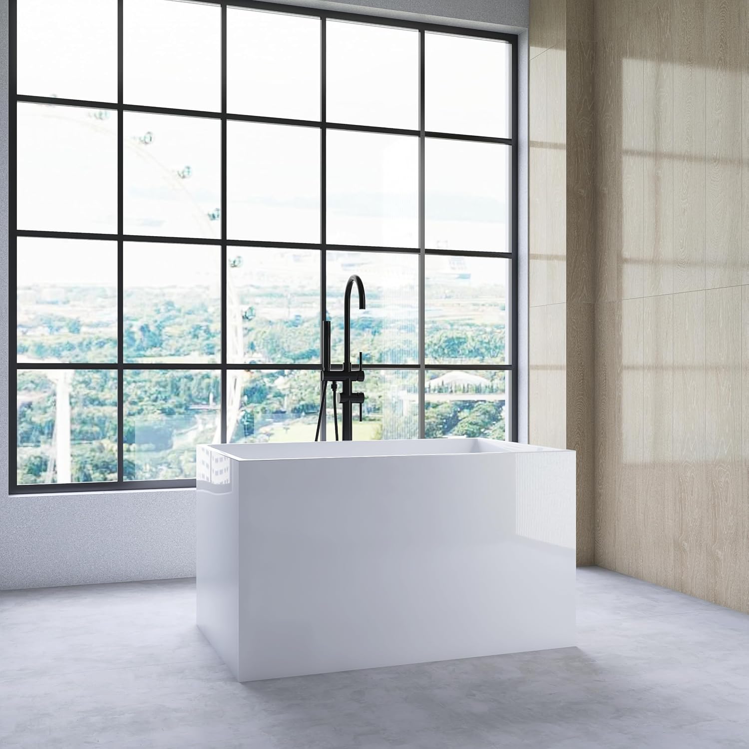 43' Freestanding Bathtubs Free Standing Tubs with Seat，Spacious Rectangular Shape Modern Japanese Bathtub， Chrome Slot Overflow and Pop-Up Drain，CUPC Certified，White,DJ014-1100