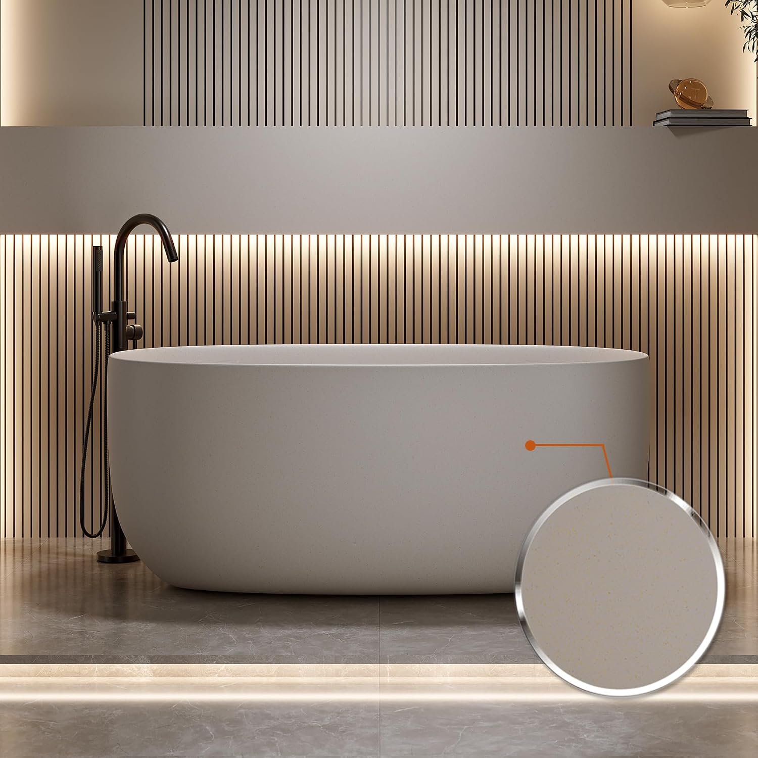 KEIKI 51'' Freestanding Bathtub, Resin Stone Soaking Bathtub, Solid Surface Modern Tubs with Overflow and Pop-up Drain, Beige