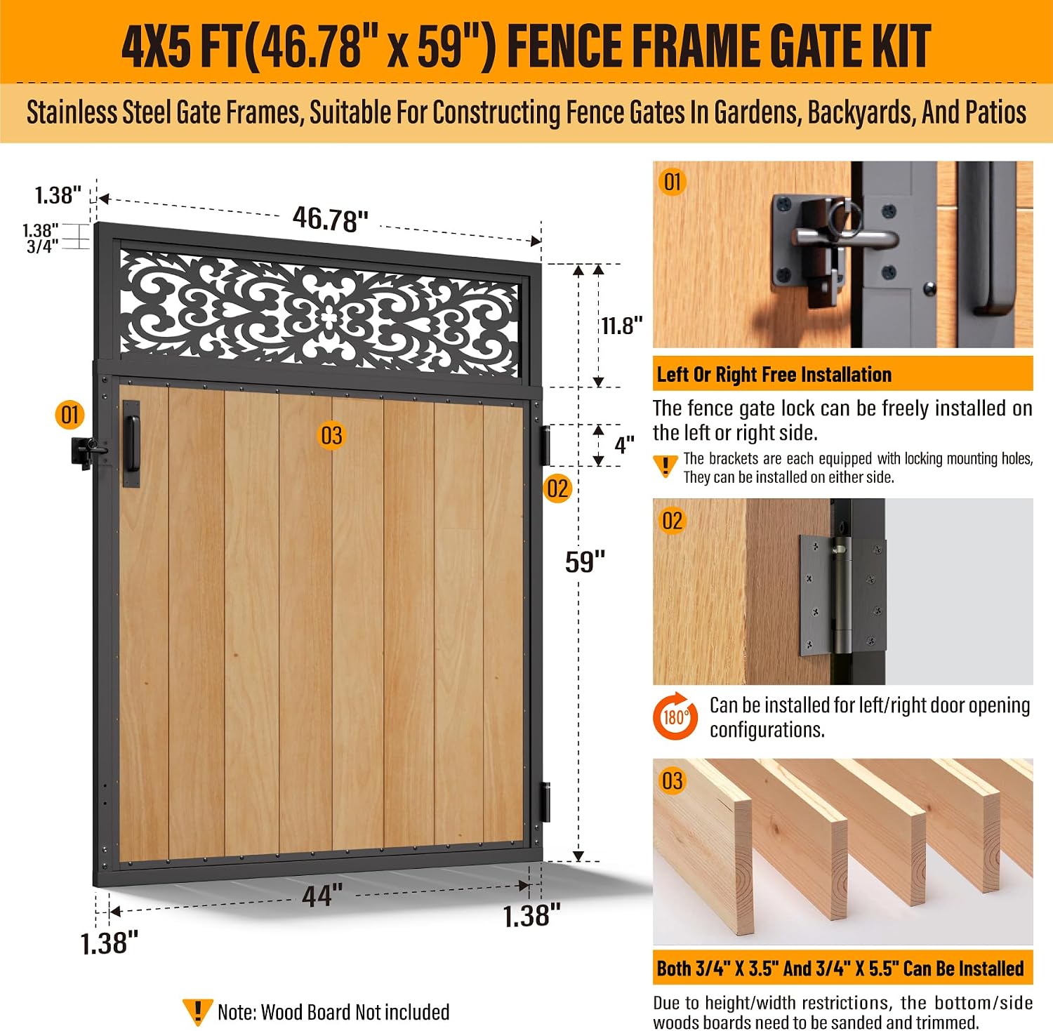 4x5FT Fence Gate Frame Kit 201 Stainless Steel Anti-Sag Heavy Duty Garden Gate Reinforcement Hardware, Left/Right Mount (No Panels Included)(46.78'W x 59.0'H)