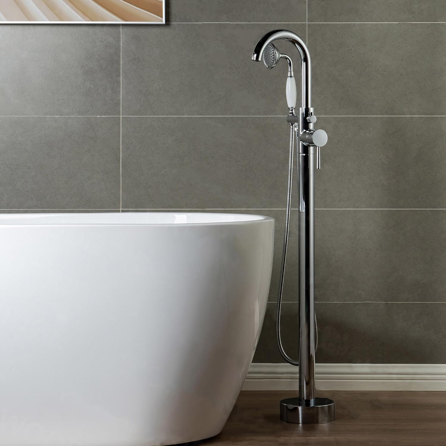 WOODBRIDGE F0002CHVT Fusion Single Handle Floor Mount Freestanding Tub Filler Faucet with Telephone Hand shower in Polished Chrome Finish