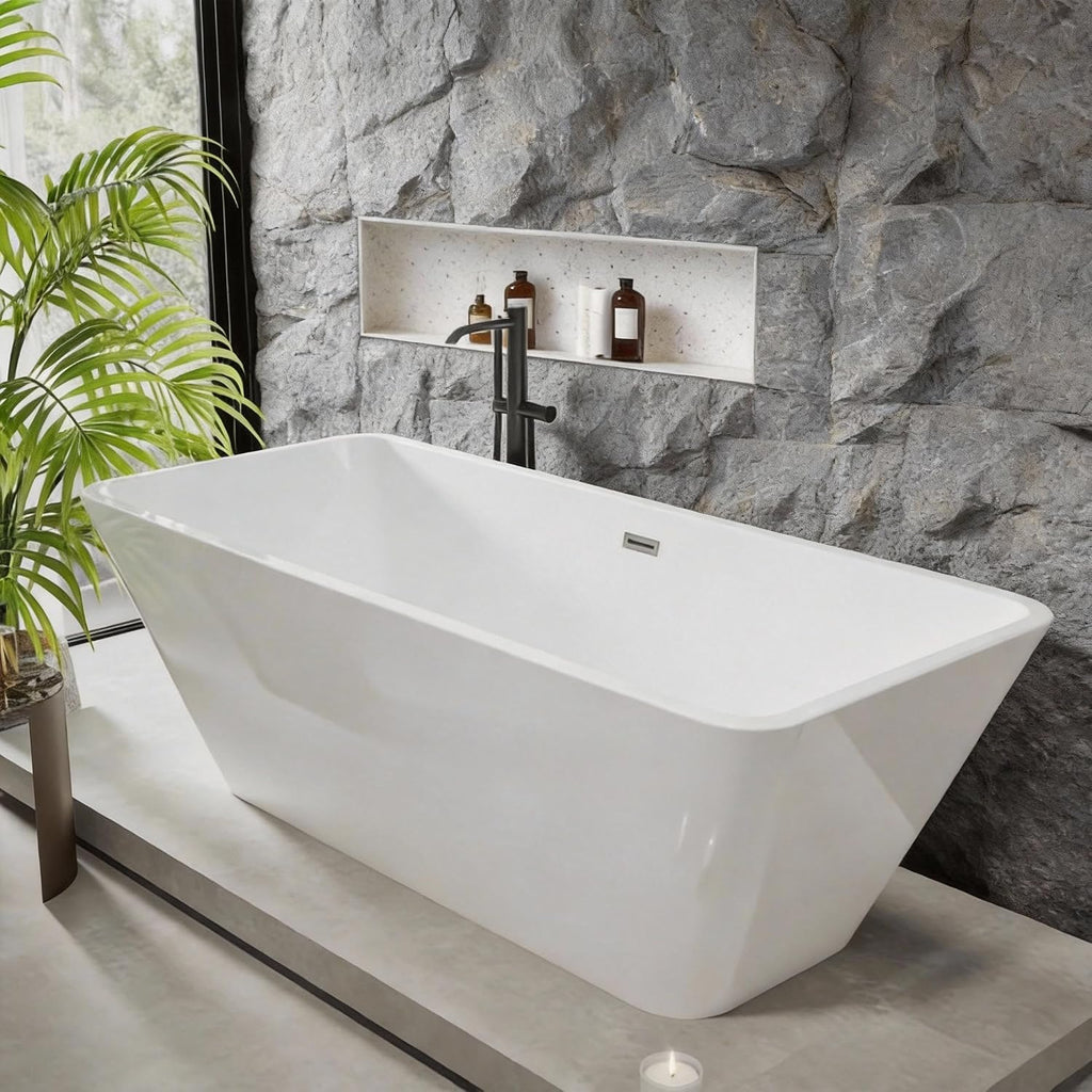 59' Acrylic Freestanding Bathtub with Chrome Drain Kit, Contemporary Square Soaking Tub with Overflow and Flexible PVC Drain Pipe, Double-Walled Insulation, cUPC Certified, Glossy White Finish
