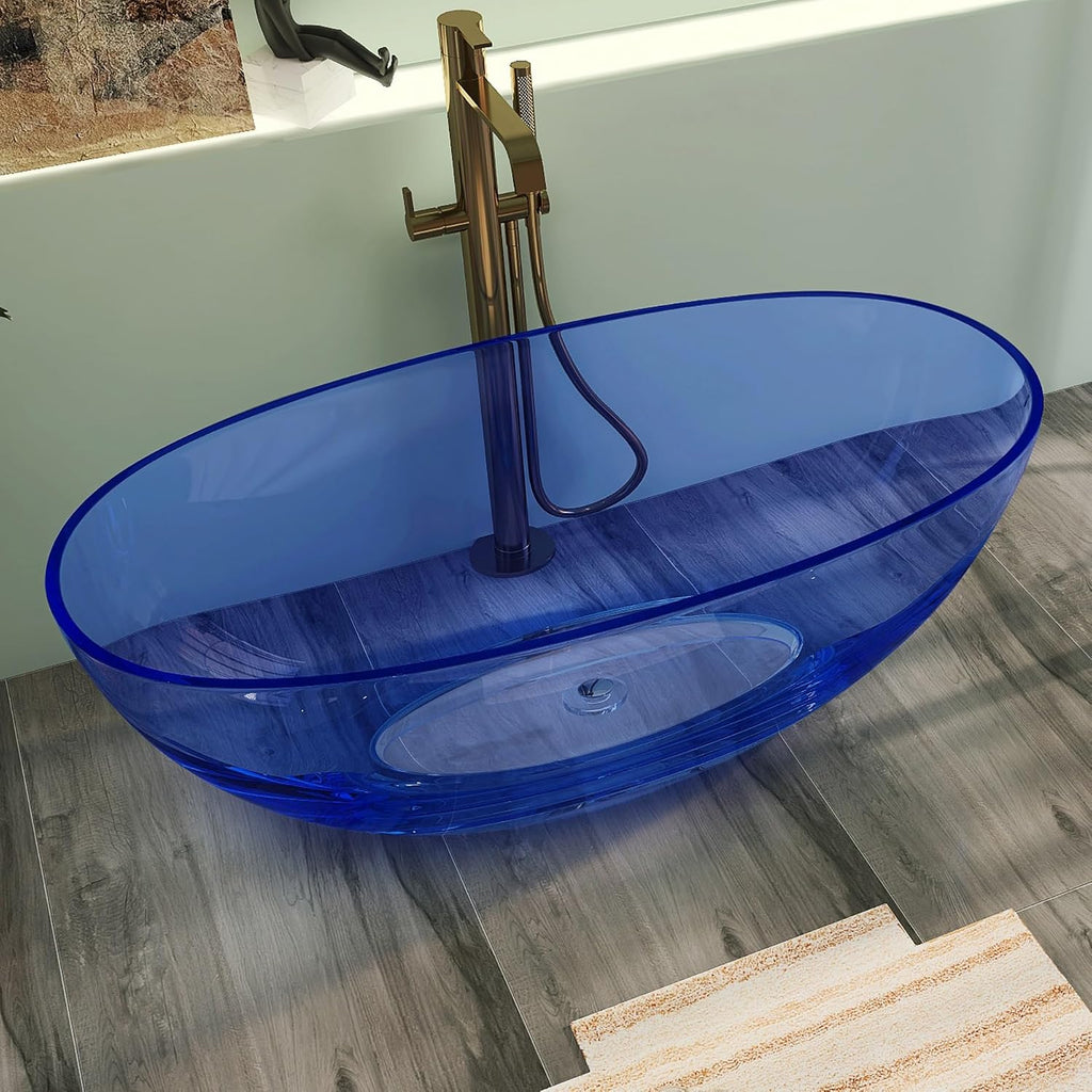 61' Premium Solid Surface Freestanding BathTubs, Upgraded Modern Transparent Blue Design Stand Alone Tub with Pop-up Drain
