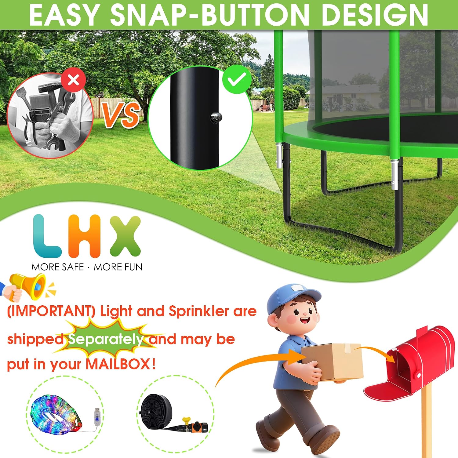 LHX 8 10 12 14 15 16FT Tranpoline Outdoor 1500LBS with Basketball Hoop, Light and Sprinkler, Large Heavy Duty Round Recreational Tranpoline for Kids and Adults for Family Backyard Fun, ASTM Approved