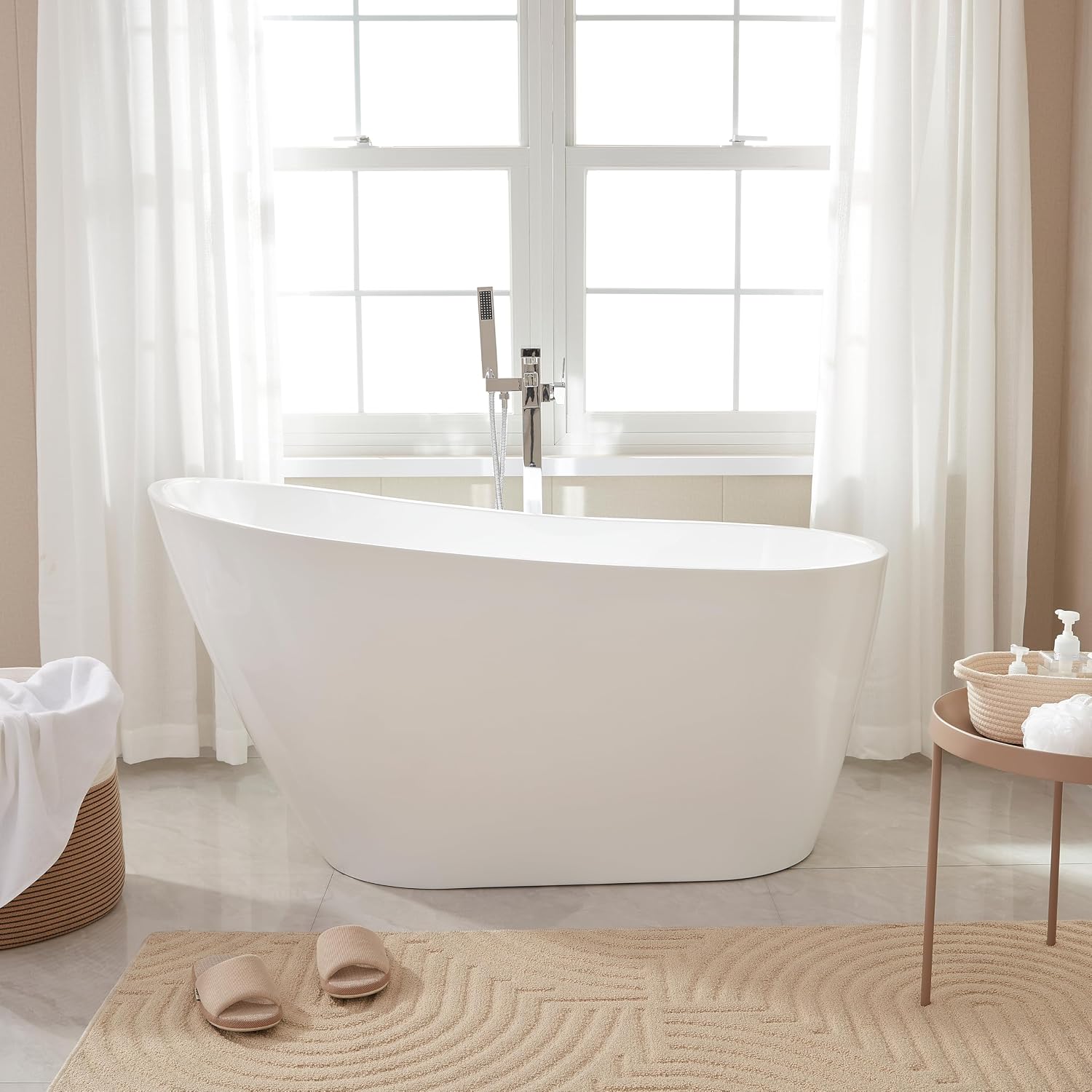 HomeBeyond 55 Inch Free Standing Bathtub | Acrylic Freestanding Soaking Tub deal for Spa-Like Baths, Modern Bathroom Stand Alone Tub Suitable for Couples, Singles, and Families, White