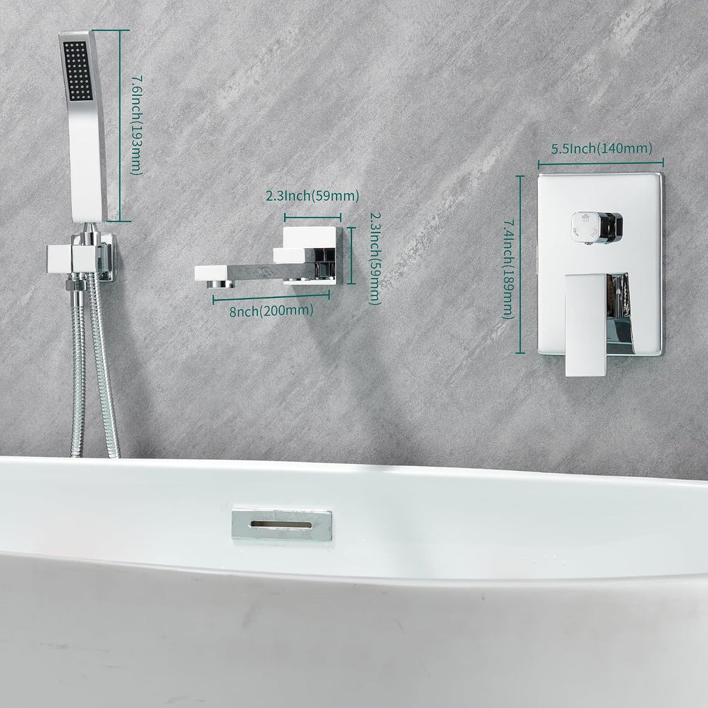 DASAN Swiveling Wall Mount Tub Filler Faucet Set with Hand Held Shower, Chrome Modern Creative Bathtub Faucet Wall Mounted Bath Tub Faucet with High Flow Rough in Valve, SA-TF05WH-PC
