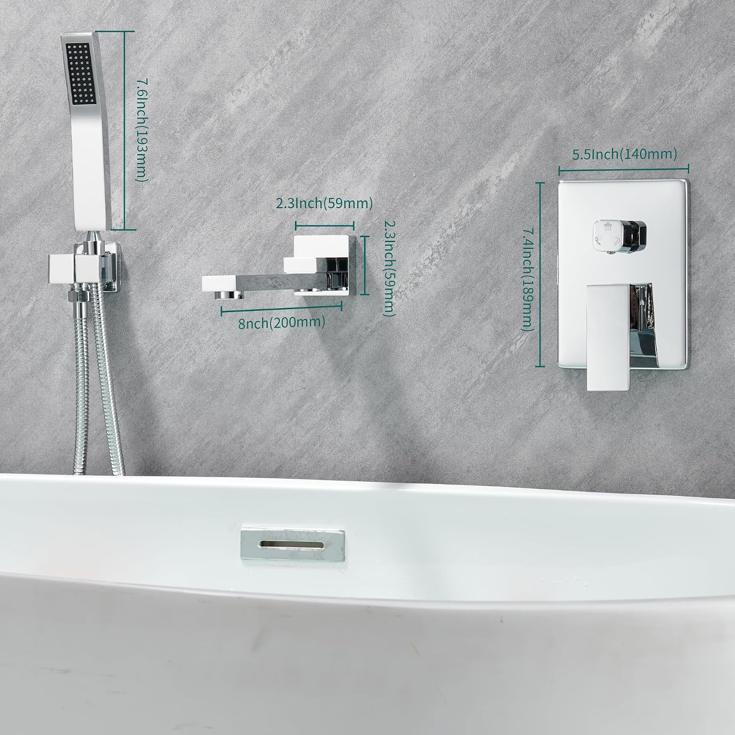 DASAN Swiveling Wall Mount Tub Filler Faucet Set with Hand Held Shower, Chrome Modern Creative Bathtub Faucet Wall Mounted Bath Tub Faucet with High Flow Rough in Valve, SA-TF05WH-PC