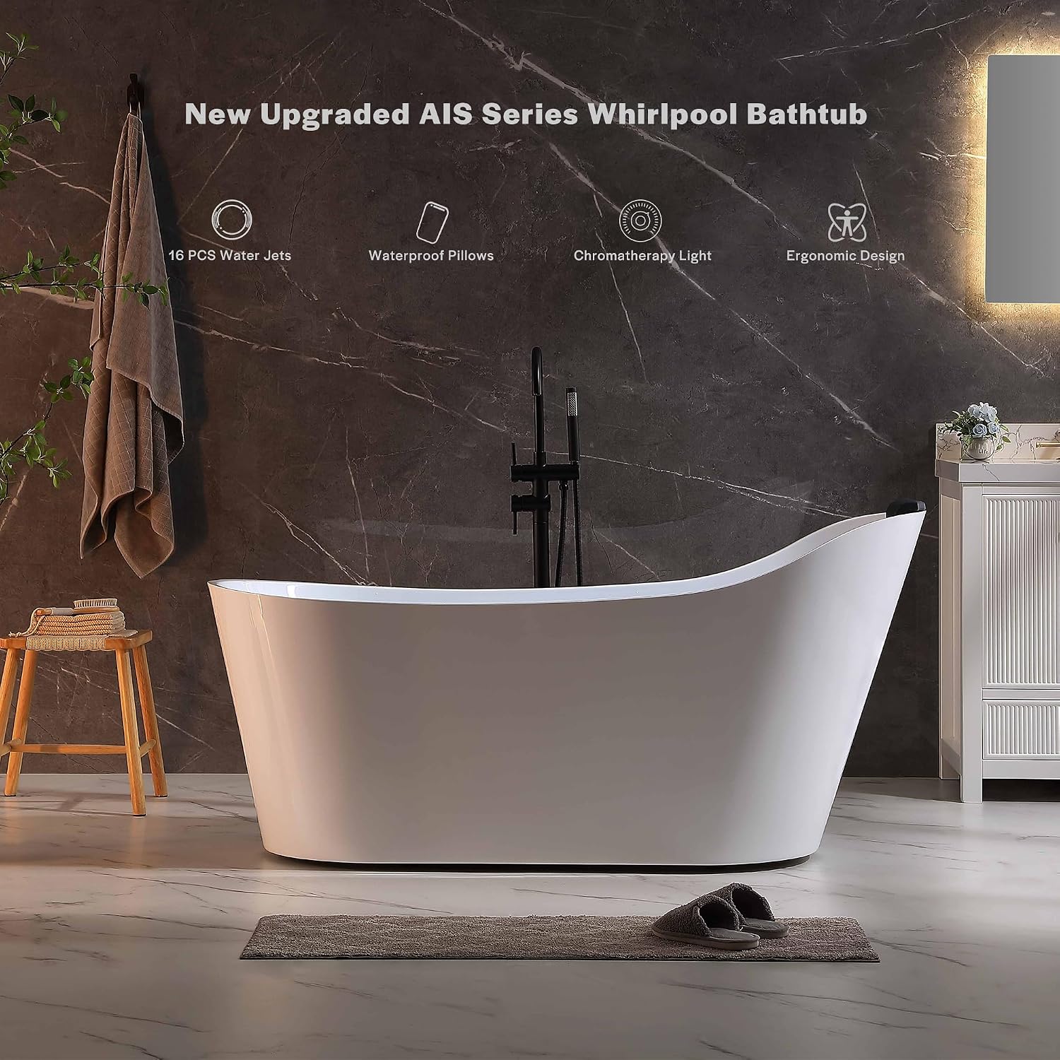 Empava Upgrade Acrylic Whirlpool Bathtub, 67-Inch Freestanding Gracefully Oval Shaped Jetted Bathtub with Healing Chromotherapy, 16 Hydromassage Jets, Single-Ended Bathtubs with Pillow