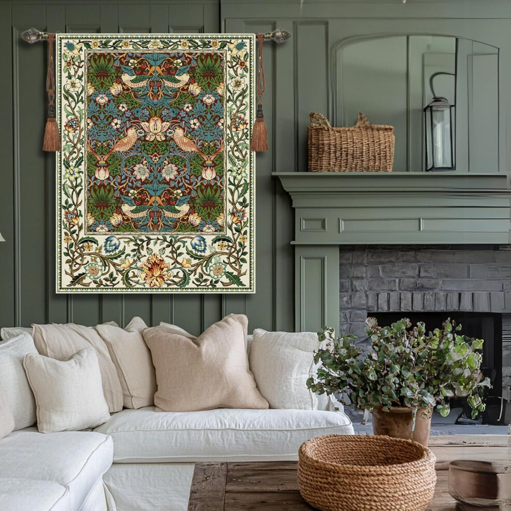 Vintage Medieval Tapestry, William Morris Birds and Flowers, Jacquard Woven Tapestry Wall Hanging for Living Room (Brown)