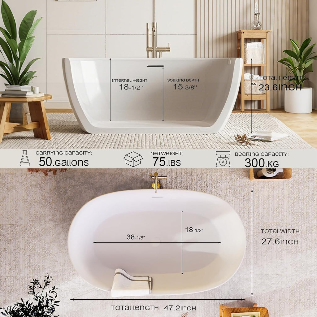 47 * 28 * 24 Inch Acrylic Freestanding Bathtub, Modern Soaking Bright White Bathtub, Equipped With Bright Silver Overflow And Bouncing Water Outlet