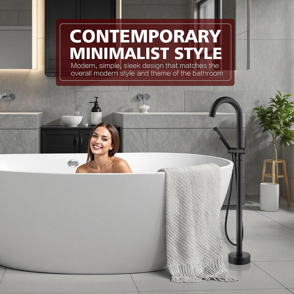 sumerain Matte Black Free Standing Tub Faucet with Handheld, High Flow Rate Bathroom Floor Mount Bathtub Faucet with Swivel Spout