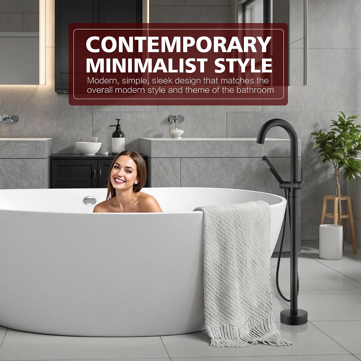 sumerain Matte Black Free Standing Tub Faucet with Handheld, High Flow Rate Bathroom Floor Mount Bathtub Faucet with Swivel Spout