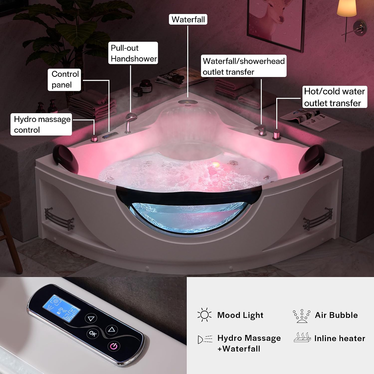 Empava 59' Corner Whirlpool Bathtub for 2-Person, Luxury Jetted Spa Tub with 10 Hydro Massage Jets, Built-in Heater, Chromatherapy LED Lights & Constant Heat System, ETL Certified Acrylic Tub