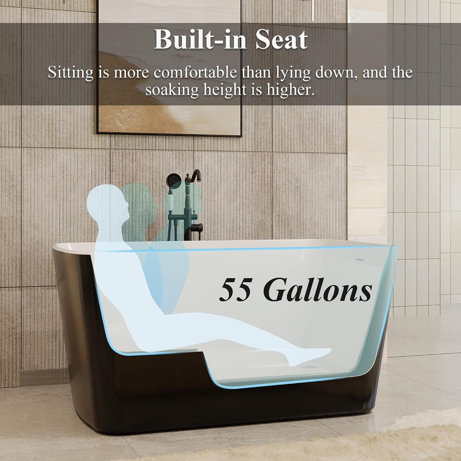 Casainc 49' Acrylic Freestanding Bathtubs, Square Shaped Japanese Soaking Tub with Seat Design, Chrome Drain & Overflow, cUPC Certified (Black)
