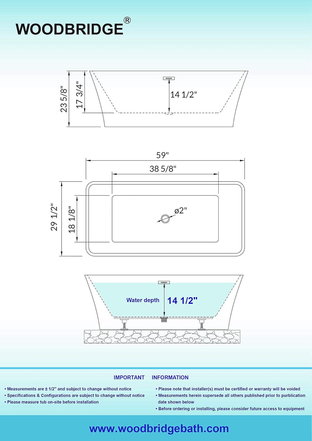 WOODBRIDGE 59'Freestanding White Acylic Soaking Bathtub with Chrome Drain and Overflow,BTA1509 -C-Drain &O