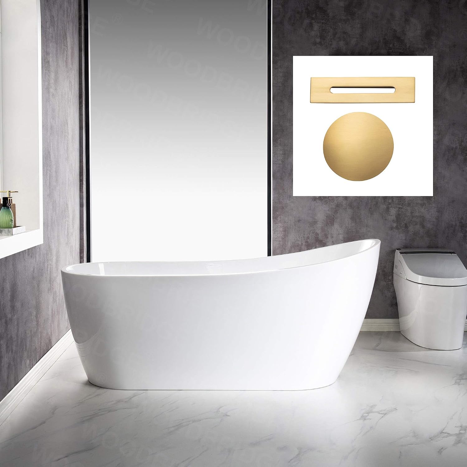 WOODBRIDGE 67'Freestanding White Acylic Soaking Bathtub with Brushed Gold Drain and Overflow,BTA1508 -BG-Drain &O