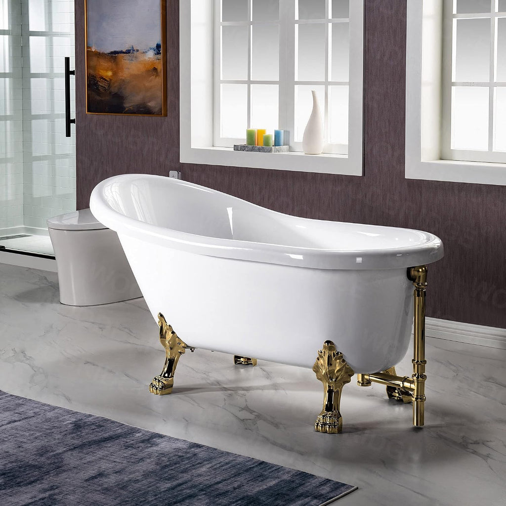WOODBRIDGE 59' Heavy Duty Acrylic Slipper Clawfoot Bath Tub with Polished Gold Feet + Polished Gold Drain &Overflow