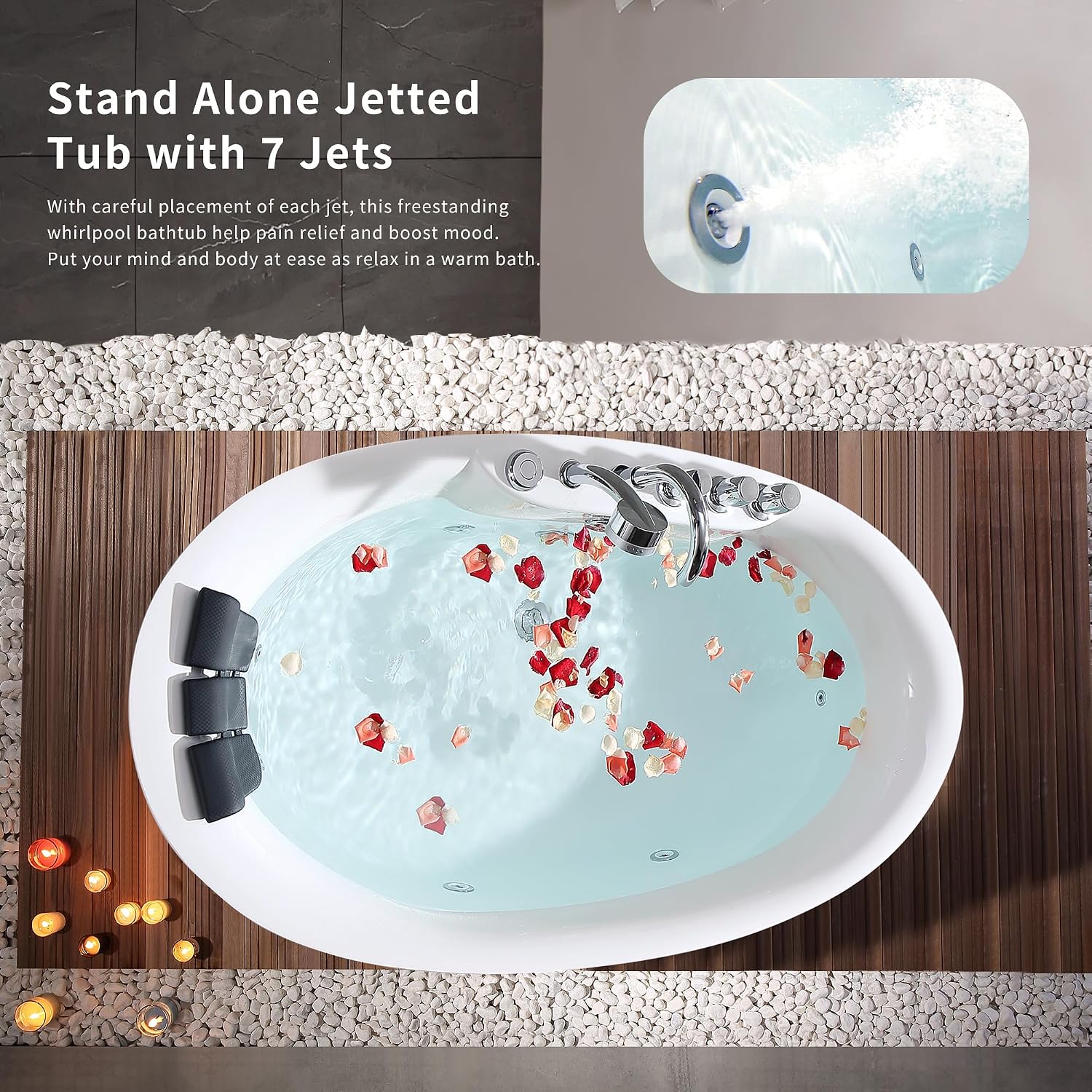 Empava 71' Freestanding Whirlpool Bathtub - 560W Stand Alone Jetted Tub with 7 Hydromassage Nozzles,Large Recline Angle, Boat Shape, Acrylic,ETL Certified