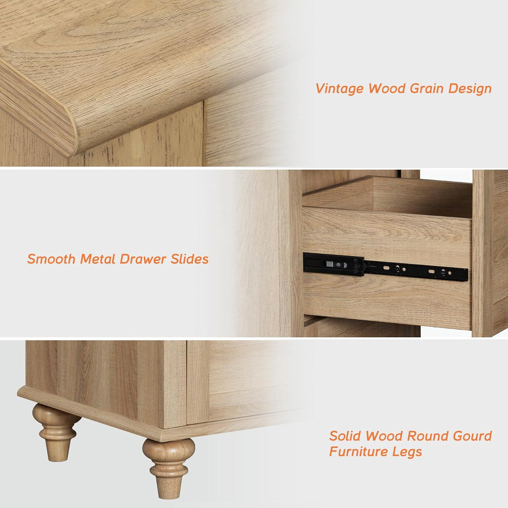 WAMPAT 3 Pieces Living Room Table Set, Set of 2 Nightstands Side Tables with Charging Station, One Rectangle Coffee Table with Storage Cabinet & Drawer, Oak