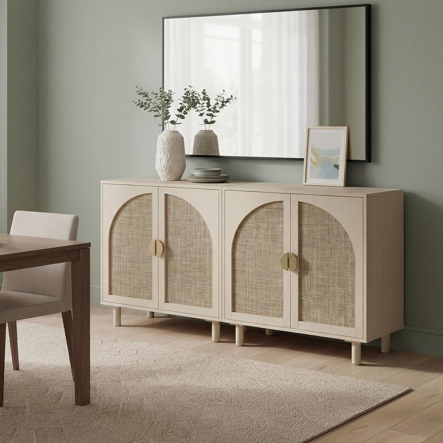 Rattan Storage Cabinet, Beige Boho Sideboard with Adjustable Shelf, Magnetic Door Latch. [2pcs, Beige]