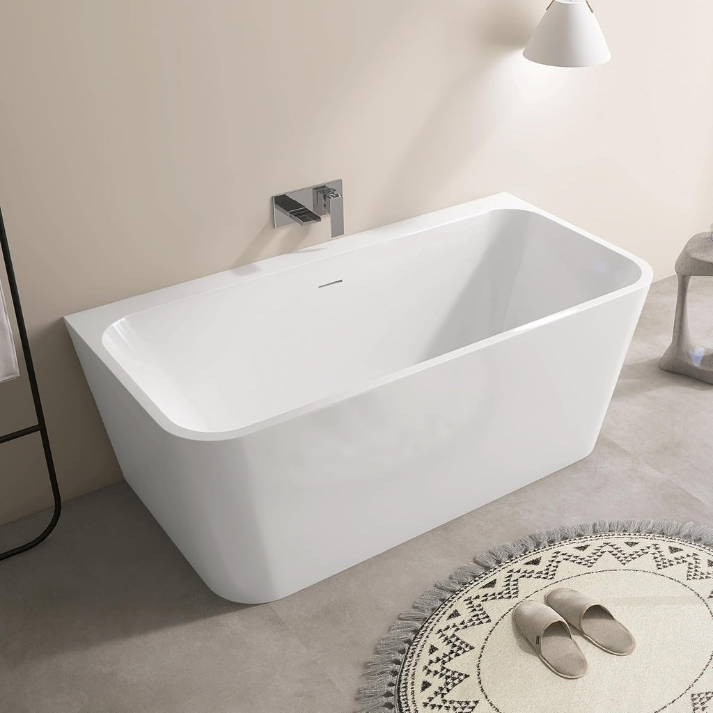 SJ STAR&JANE 59 Inch Acrylic Freestanding Bathtub,Modern Back to Wall Soaking Tub, Stand alone Acrylic Tub Integrated Center Drain & Overflow, Glossy White