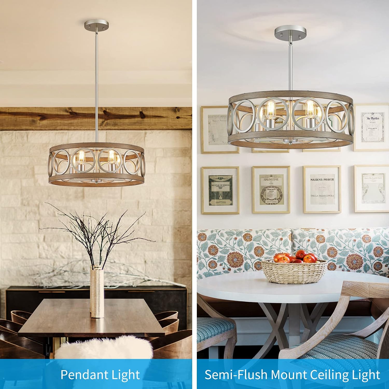 XINGQI Rustic Chandelier Brushed Nickel, Drum Chandeliers for Dining Room Modern Light Fixture Over Table Farmhouse Metal Wood Grain Pendant 5 Lights
