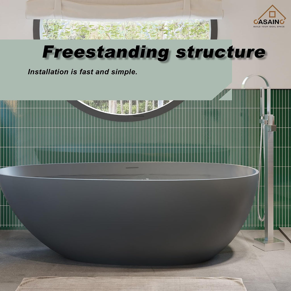 CASAINC 59' Solid Surface Freestanding Bathtub Egg-Shaped Stone Resin Freestanding Tub Matte Grey Stand-Alone Tub with Drain, Drain Hose & Sanding Paper
