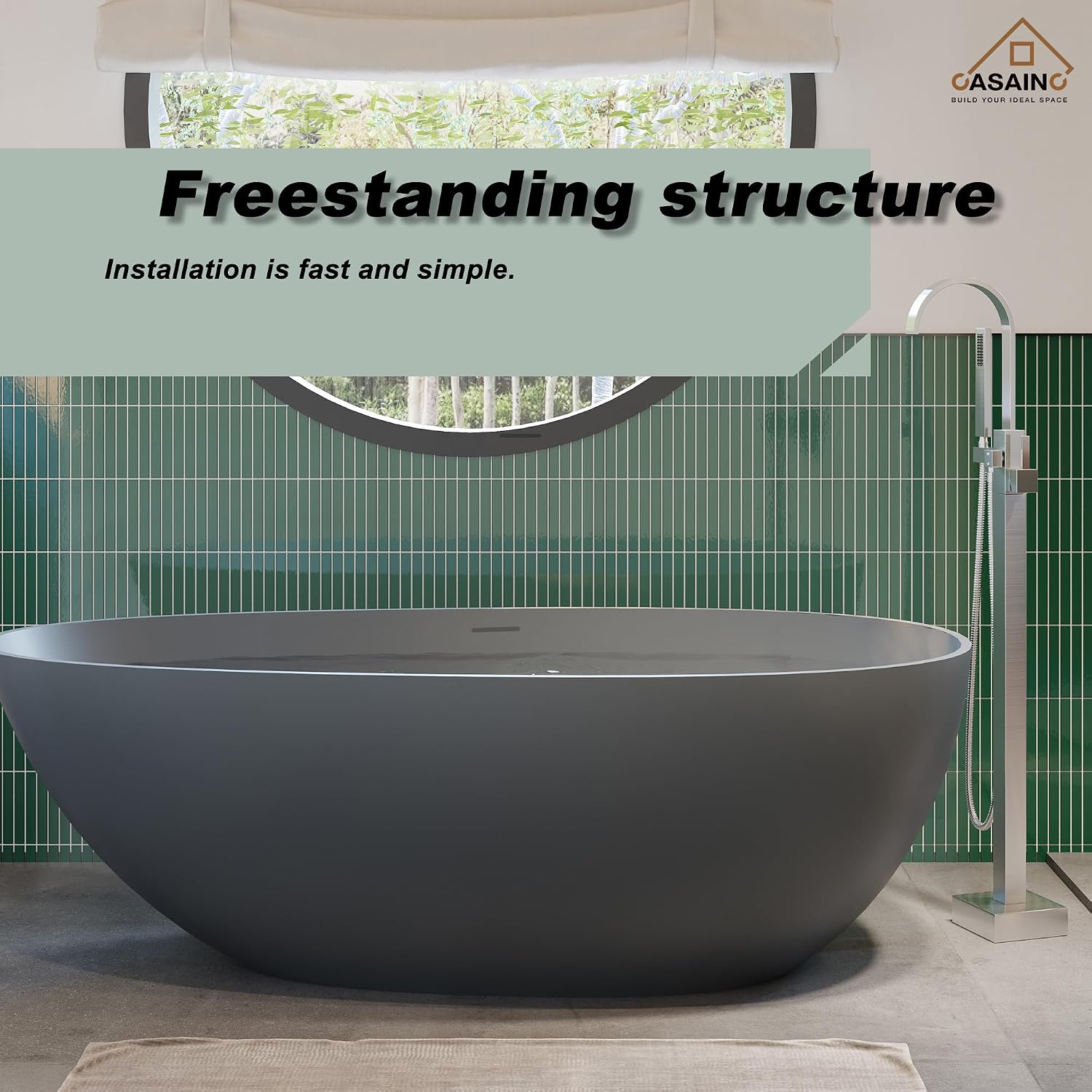 CASAINC 59' Solid Surface Freestanding Bathtub Egg-Shaped Stone Resin Freestanding Tub Matte Grey Stand-Alone Tub with Drain, Drain Hose & Sanding Paper